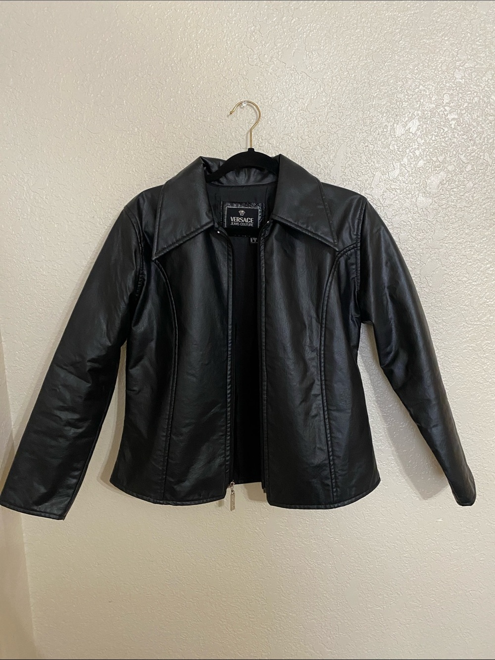 Versace Black Leather Jacket with Embroidered Logo - Picture 8 of 8